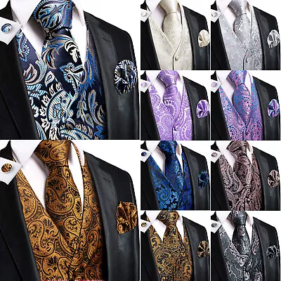 Buy Mens Vest Suit Paisley Floral Waistcoat Blue Black Gold Red Silk Tie Set Jacket • 19.99£