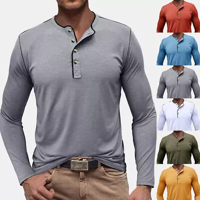 Buy Mens Henley Shirt Casual Long Sleeve Grandad Crew Neck Tops Tshirt Blouse 36-44 • 9.59£