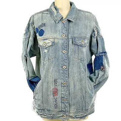 Buy Dance & Marvel Distressed Denim Jean Jacket Women Large Patches Button Pockets • 23.63£