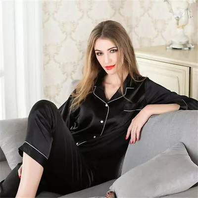 Buy Ladies Satin Pyjamas PJs Womens Silk Long Sleeve Soft Sleepwear Nightwear Set UK • 9.19£