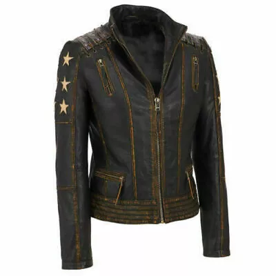 Buy Star Distressed Wax Brown Women Cafe Racer Slim Fit Biker Real Leather Jacket • 120.10£