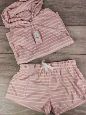 Buy NEW Boux Avenue Pink  Mix Stripe Velour Hoody & Short Set 2 Piece Loungewear • 21.99£