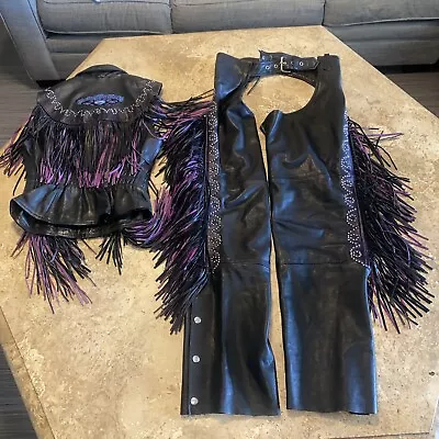 Buy Leather Gallery Black Vest Size L & Chaps Size XS Purple Fringe Harley Patch • 81.09£