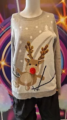 Buy Womens Christmas Jumper. Reindeer, Size 8. Grey Red Nose Sequin F&F • 3£