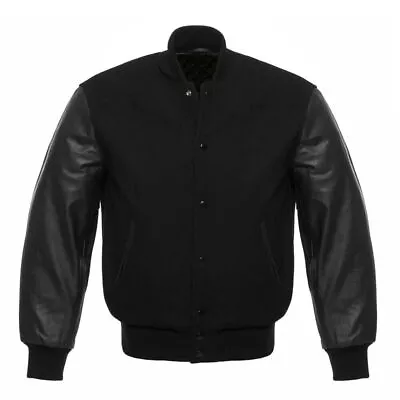 Buy Black Wool Real Leather Sleeves Varsity Letterman College Bomber Baseball Jacket • 65£