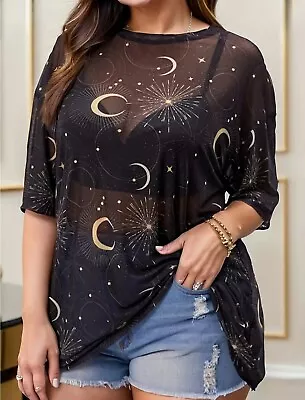 Buy Plus Size *5xl* Black Moon & Stars Mesh Top ~ Summer Top ~ Witchy Top Plus Size  • 11.99£