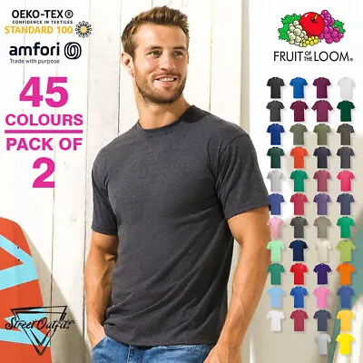 Buy 2 Pack Mens Plain T-Shirts  Crew Neck Short Sleeve Fruit Of The Loom Tees S-5XL • 8.49£