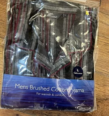 Buy Men’s Brushed Cotton Classic Pyjamas Size Large Black & Burgundy Stripe New • 5.99£