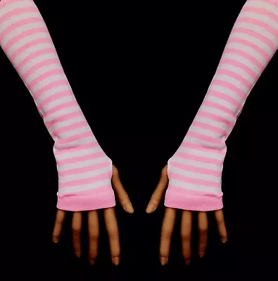 Buy 80s 90s Gothic Punk Glam Rock Emo Pink White Stripe Knit Arm Warmer Armwarmers • 8.21£