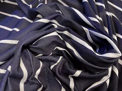 Buy Viscose Elastane Jersey Fabric, Navy & White Butchers Stripes Print, Per Metre • 7.99£