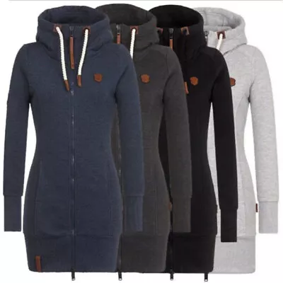 Buy Womens Zip Ladies Up Plain Hooded Hoodie Sweatshirt Jumper Tops Long Jacket Coat • 11.86£