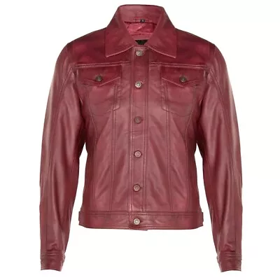 Buy Mens Denim Style Vintage Cowboy Jacket Halloween Maroon Leather Shirt • 72.98£
