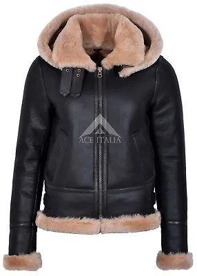 Buy Ladies Sheepskin Jacket Brown Beige FUR Hooded FULL SOFT REAL LEATHER F-05 • 304£