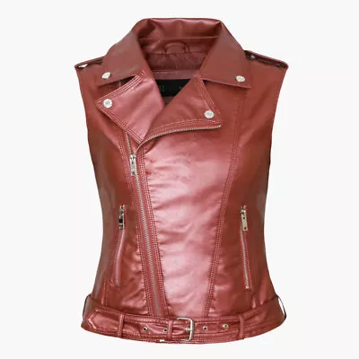Buy Womens Faux Leather Waistcoat Gilet Biker Jacket Vest Top Blazer Wet-Look • 43.70£