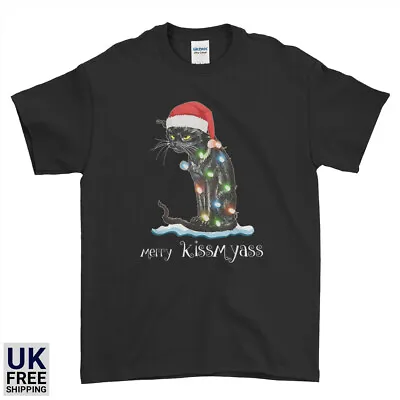 Buy Funny Cat Christmas T-Shirt Merry Kiss My Ass Gothic Cat Rude Novelty Xmas Party • 12.95£
