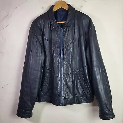 Buy Windsor Leatherwear Mens UK46 Vintage Leather Jacket Navy Blue Full Zip Biker • 45.69£