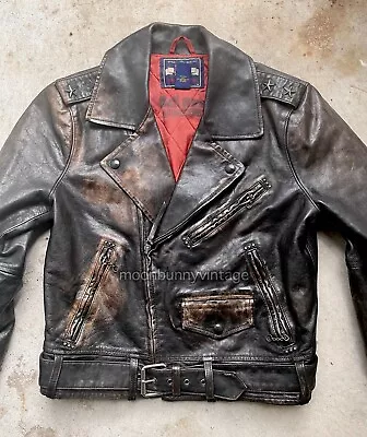Buy Ralph Lauren Studded Leather Jacket Patina 40s 50s Biker Moto One Two Star M • 482.09£