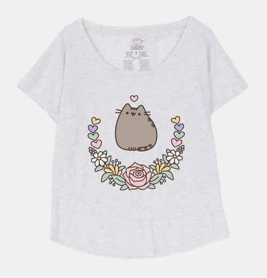 Buy Pusheen The Cat FLORAL HEARTS ELEGANT PUSHEEN Women's Girls Flowy T-Shirt NWT • 23.62£