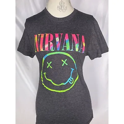 Buy NIRVANA 90's Smiley Face Logo Nevermind Grey T-Shirt Women's MEDIUM • 11.52£