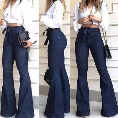Buy Womens Bootcut Flared Pants Denim Jeans Ladies High Waist Wide Leg Trousers Size • 4.29£