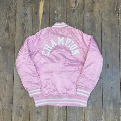 Buy Champion Bomber Jacket Satin USA Vintage Y2K Baseball Coat, Pink, Womens Small • 35£