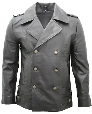 Buy New Mens Classic German Naval Military Pea Coat Black Cowhide Leather Jacket • 116.99£