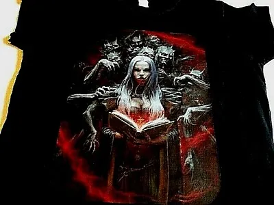Buy Women's T-Shirt Gothic Witch Summoning Demons With Spell Book Red/Black • 16.99£
