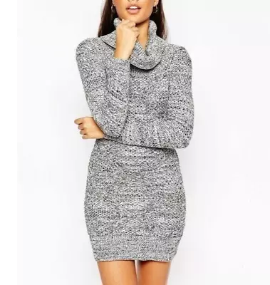 Buy Grey Knitted Jumper Dress Size 6 UK Long Sleeve Mini Short Roll Neck Sexy Party • 22.99£