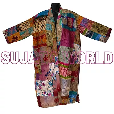Buy Silk Patcwork Kantha Hand Stitch Kimono Gown Duster Coat Boho Art M L Xl • 54.85£