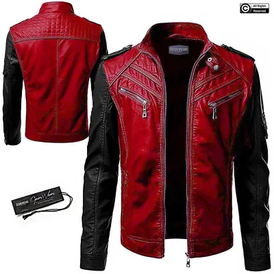 Buy Mens Black Red Biker Motorcycle Cafe Racer Vintage Classic Real Leather Jacket • 249.99£