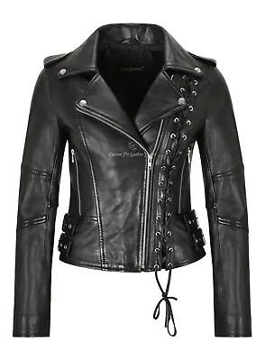 Buy Ladies Biker Jacket Side Laced Stylish Real Leather Gothic Slim Fit Jacket 9755 • 129.73£