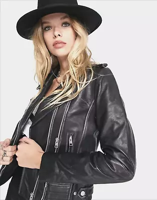 Buy Barney's Originals Real Leather Biker Moto Jacket With Ribbed Detail In Black • 59.99£
