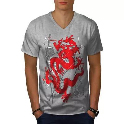 Buy Wellcoda Fantasy Dragon Mystic Mens V-Neck T-shirt, Asia Graphic Design Tee • 15.99£
