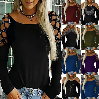 Buy Women Sparkly Cold Shoulder Cut Out T-Shirt Tops Gothic Party Clubwear Blouse • 3.29£