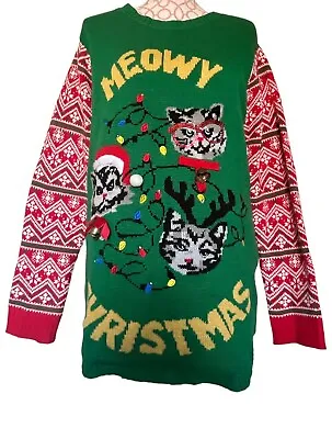 Buy Womens Green Meowy Christmas Light Up Kitty Cat Holiday Sweater • 18.94£