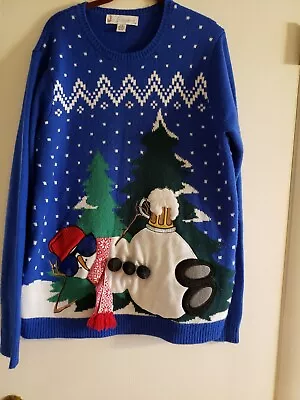Buy Womens Jolly Ugly Christmas Sweater L Embroidered Blue  Pullover Snowman Beer • 15.35£