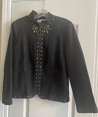 Buy Denim Jacket Black With Bronze Studs  Women’s Size 10P Alfred Dunner Stylish • 7.70£