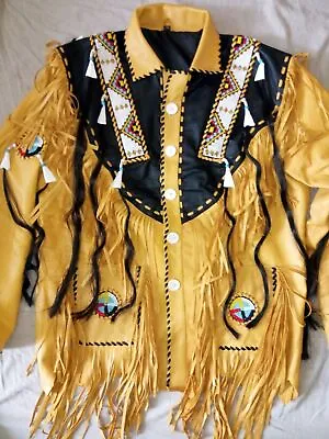 Buy Mens Western Wear Style Tan Cowhide Leather Jacket Handmade Cowboy Fringe Coat • 139.99£