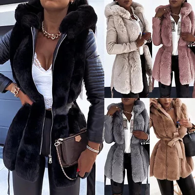 Buy S-5XL Elegant Lady PU Leather Faux Fur Hooded Short Jacket Tie Belt Waist Coats • 51.47£