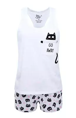 Buy Ladies Cat Go Away Short Pyjamas Pjs Set Vest Top Shorts Summer UK Size 6-12 • 8.95£