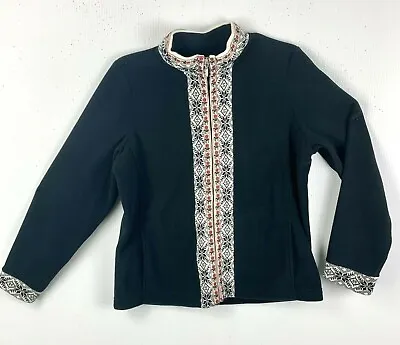 Buy  LL Bean Womens Fleece Jacket L Black Nordic Snowflake Floral Trim Front Zipper  • 30.68£