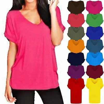 Buy Ladies Batwing Sleeve Oversized Baggy Loose Fit Turn Up V Neck Women T Shirt Top • 4.49£