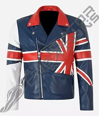 Buy UK Flag Cafe Racer Stylish Union Mans Motorcycle Genuine Leather Fashion Jacket • 99.99£