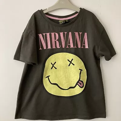 Buy Nirvana T-Shirt Girls Age 9-10 Years Short Sleeved Smiley Grey Yellow Pink • 2.99£