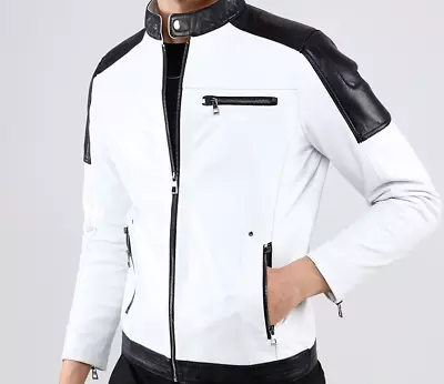 Buy Men's Slim Fit Leather Jacket Genuine Lambskin White & Black Leather Jacket • 98£