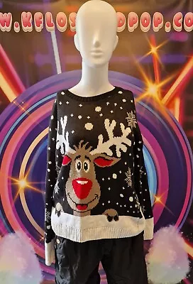 Buy Womens Christmas Jumper. Reindeer, Size 14 To 16 Black Wool • 3£
