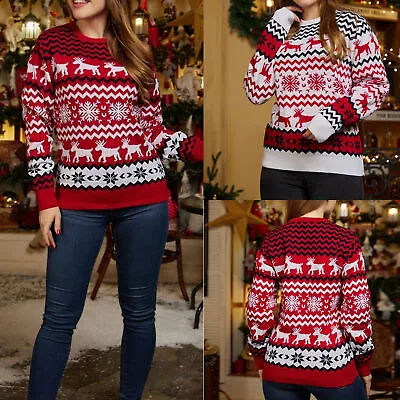 Buy Women Christmas Sweater Fashion Knitted Jumper Simple Jacquard Elk Sweater Shirt • 14.99£