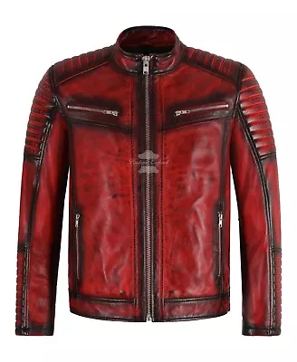Buy RACER Mens Leather Jacket Red Black Waxed Quilted Stitch Biker Leather Jacket • 139.71£