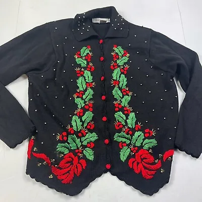 Buy Womens Christmas Sweater Small ARRIVISTE Black Holly Embroidered Bead Cardigan • 16.19£