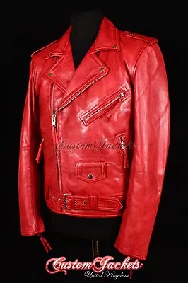 Buy Mens BRANDO SLIM-FIT Leather Jacket Red Wax Lambskin Smart Bikers Leather Jacket • 106.91£